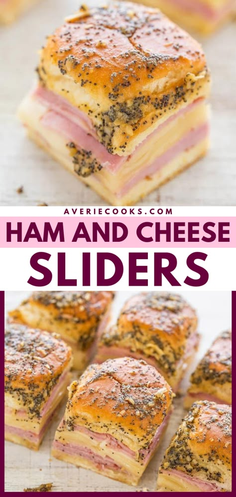 Ham and Cheese Sliders on Hawaiian Rolls - Averie Cooks Averie Cooks, Ham And Cheese Sliders Recipes, Hawaiian Roll Ham And Cheese Sliders, Hawaiian Sliders Ham Cheese, Sliders Ham And Cheese, Ham And Cheese Sliders Easy, Hawaiian Ham And Cheese Sliders, Ham Sandwiches On Hawaiian Rolls, Summer Sliders