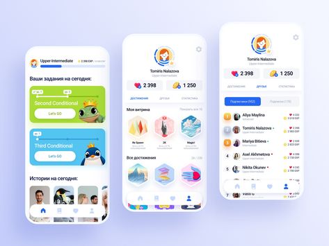 GUI design for an English learning app by Miras Zhanatov on Dribbble English App, Todo App, Language App, Gradient Color Design, Language Apps, Gui Design, Currency Exchange, English Learning, Educational Apps