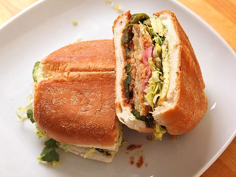 Mexican Fried Eggplant Sandwich #vegan #torta #mexican #sandwich Vegetarian Tortas Mexican, Vegan Tortas Sandwich, Pickles Beans, Tortas Recipe, Avocado Pickles, Torta Sandwich, Mexican Torta, Mexican Tortas, Eggplant Vegan