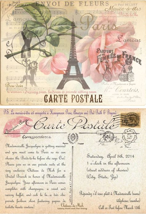 Here is the French themed bridal shower invitation I designed as a vintage post card for a wonderful friend of mine. I incorporated the elements that we would be using in our shower decor. More photos to be uploaded for inspiration :) Free Paper Printables, Wonderful Friend, Themed Bridal Shower, House Decorating, Bridal Shower Theme, Shower Decor, Bridal Shower Invitation, Post Card, Printable Paper