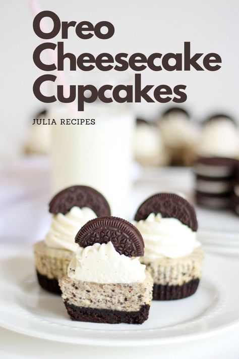 Oreo cheesecake cupcakes on a white plate Oreo Cheesecake Cupcakes, Oreo Crunch, Mini Oreo Cheesecake, Plain Cheesecake, Delicious Cheesecake Recipes, Sweet Whipped Cream, Swirl Cupcakes, Future Chef, Cream Cheesecake