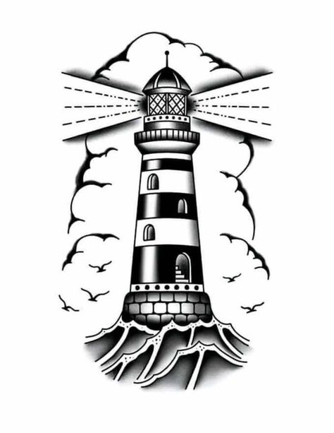 Old School Tattoo Lighthouse, Old School Lighthouse Tattoo, Traditional Lighthouse Tattoo Design, Sailor Tattoos Traditional, American Traditional Lighthouse Tattoo, Traditional Lighthouse Tattoo, Hindi Tattoo, Old School Traditional Tattoo, Traditional Tattoo Outline