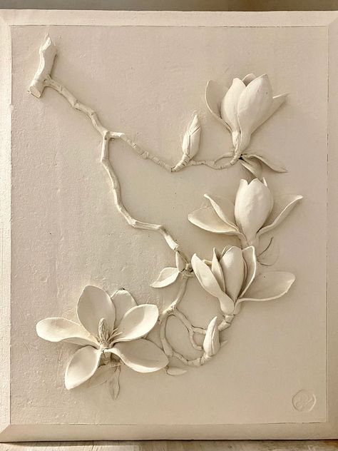 MAGNOLIA CERAMIC WALL PANEL | Botanical Ceramic Flower Wall Art, Clay Art Flowers, Flower Clay Art, Ceramic Wall Art Sculpture, Ceramic Panel, Sculpture Flower, Lotus Sculpture, Sculpture Art Projects, Japanese Anemone