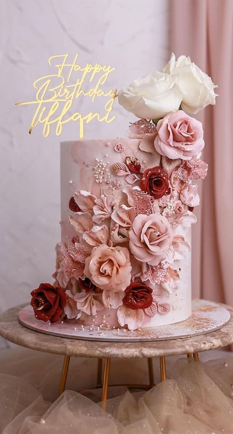 47 Cute Birthday Cakes For All Ages : Three tone birthday cake Birthday Cake For Women Simple, 18th Cake, Cake With Flowers, Gold Birthday Cake, Beautiful Cake Designs, Luxury Cake, Elegant Birthday Cakes, Pink Birthday Cakes, 18th Birthday Cake