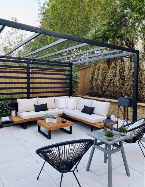 Decking With Pergola, Black Decking, Yard Pergola, Black Pergola, Pergola Ideas, House Backyard, Pergola Attached To House, Deck With Pergola, Fire Pit Patio