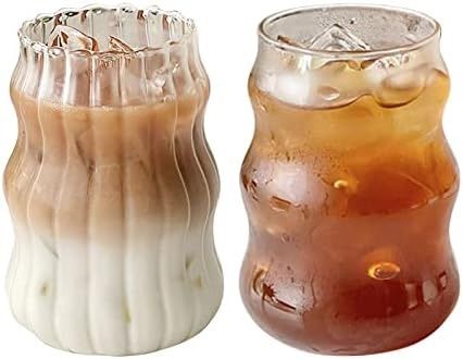 530ml Ripple Glass Cups Gourd Shape Iced Coffee Cups, Wave Shape Beverage Glasses for Whiskey Cocktail Juice Beer Tea Smoothie Soda Fluted Glassware, Ribbed Glassware, Juice Jar, Tea Smoothie, Iced Coffee Cups, Whisky Cocktail, Cocktail Juice, Beverage Glasses, Coffee Bar Station