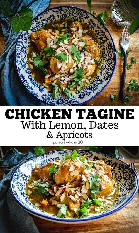 If you’re looking for a dish to transport you to a foreign land, this chicken tagine may do it. It’s filled with dates, apricots, almonds and spices. It’s paleo and whole 30 approved! #chickentagine #paleochickentagine #whole30chickentagine #paleochickenrecipes #whole30chickenrecipes #chickenrecipes #moroccanfood Whole 30 Chicken, Whole 30 Chicken Recipes, Tagine Cooking, Chicken Tagine, Moroccan Cooking, Tagine Recipes, Moroccan Dishes, Paleo Chicken Recipes, Olive Recipes