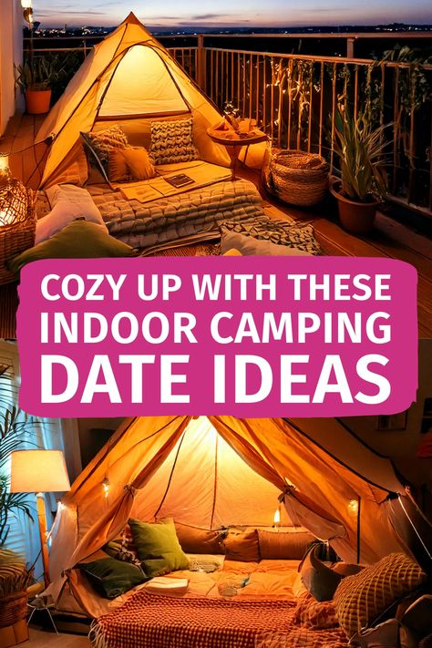 Bring the excitement of camping into the comfort of your home with these romantic indoor camping date ideas. Set the mood with twinkling lights, create a tent fort, and enjoy intimate moments together. Don't miss our list of date night games and creative activities for an unforgettable experience. Indoor Camping Date Night, Tent Ideas At Home, Adult Forts Indoor, Camping Date Ideas, Camping Lights Ideas, Indoor Picnic Ideas, Indoor Camping Ideas, Indoor Dates, Tent Fort