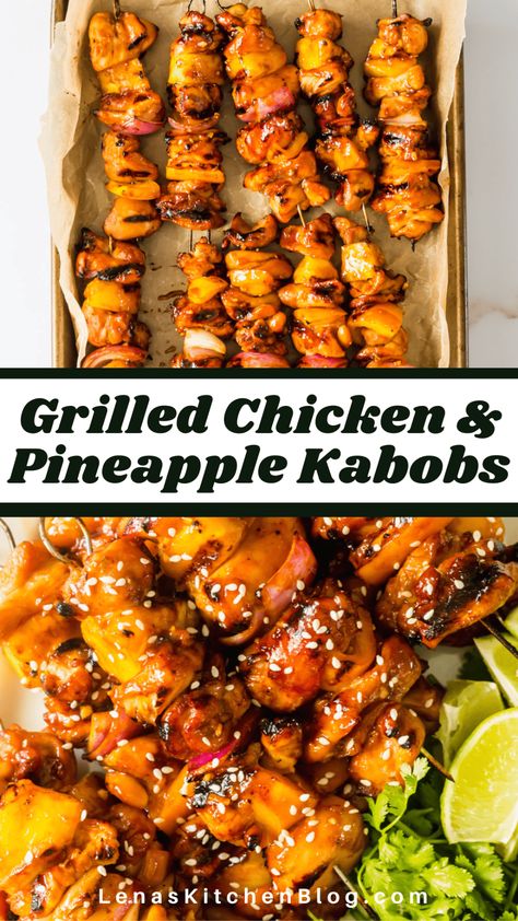 Chicken And Pineapple Kabobs, Grilled Chicken And Pineapple, Dinner For Summer, Pineapple Chicken Kebabs, Teriyaki Pineapple Chicken, Pineapple Chicken Kabobs, Chicken And Pineapple, Pineapple Kabobs, Grilled Pineapple Chicken