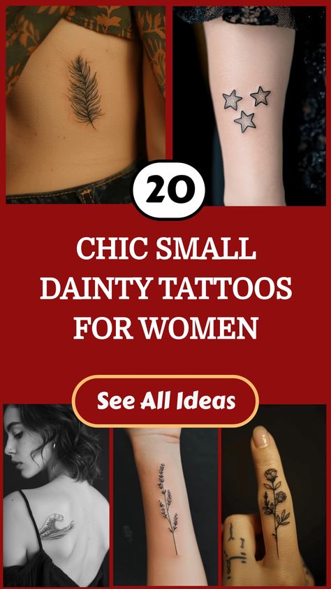 Collection of small, elegant tattoos for women, featuring designs like a feather, stars, and floral motifs. Feminine Small Tattoos, Small First Tattoo Ideas, Small Dainty Tattoos For Women, Feather Rib Tattoos, Small Dainty Tattoo, Dainty Tattoo Designs, Charm Anklet Tattoo, Dainty Tattoos For Women, Small First Tattoos