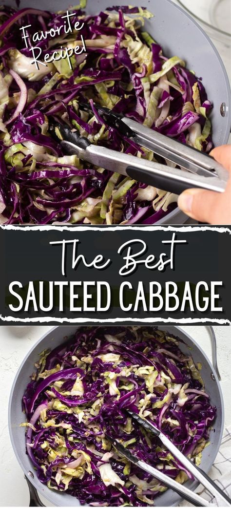 Collage of overhead shot of sauteed cabbage at top and bottom. Sautéed Cabbage, Cabbage Side Dish, Flake Recipes, Sweet Potato Buns, Easy Coleslaw, Sauteed Cabbage, Magically Delicious, Healthy Burger, Cabbage Recipe