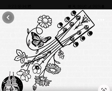 Hummingbird Guitar Tattoo, Flower Guitar Tattoo, Guitar With Flowers Tattoo, Guitar Butterfly, Guitar With Flowers, Boho Drawing, Guitar Svg, Ray Lamontagne, Guitar Drawing