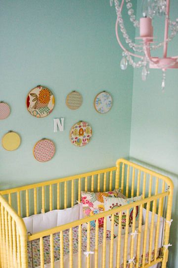 nursery Eclectic Baby Room, Yellow Crib, Baby Blue Nursery, Chandelier Wall Art, Ikea Nursery, Baby Room Diy, Yellow Nursery, Embroidery Hoop Wall Art, Blue Nursery