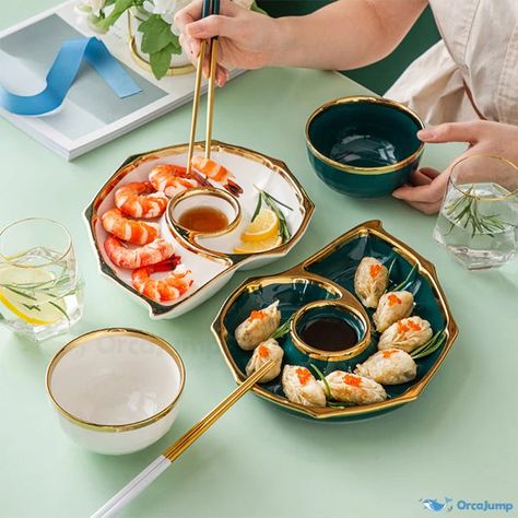 OrcaJump - Artisan Ceramic Conch Shaped Plate Set with Dipping Saucer - White and Green Tones Mermaid Dinner, Ceramic Chess Set, Plates Aesthetic, Tropical Dishes, Food Furniture, Unique Dinnerware, Artsy Decor, Kitchen Pottery, Downtown Living