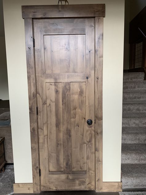 Wood Trim On Windows, Stained Trim And Doors, Rustic Door Trim, Stained Trim Interior, Rustic Trim Ideas, Knotty Alder Trim, Wood Trim Ideas, Wood Interior Trim, Stained Interior Doors