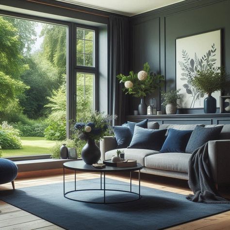 Blue and Grey Living Room Ideas Grey And Navy Living Room, Dark Blue Living Room Decor, Navy Blue And Grey Living Room, Blue And Grey Living Room, Navy Living Room, Grey Curtains Living Room, Grey Living Room Ideas, Navy Living, Navy Living Rooms