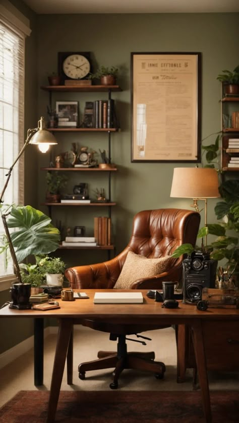 Brown And Green House Aesthetic, Home Office Leather Chair, Cosy Study Room Ideas, Craftsman Office Decor, Olive Green Study Room, Dark Green And Wood Office, Office Cozy Design, Academic Home Office, Home Office Colors For Men