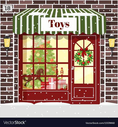 Christmas Toy shop toy store building facade Vector Image Christmas Toy Store, Christmas Toy Shop, Old Fashioned Toys, Brown Brick, Christmas Program, Interior Vintage, Shop House Plans, Shop Window Design, Toy Shop