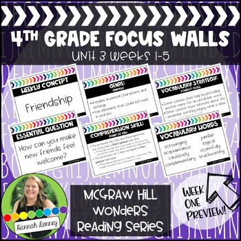 4th Grade McGraw Hill Reading Wonders Focus Wall Unit 3 by Hannah Denney Wonders Focus Wall, Wonders Curriculum, Wonders Reading Series, 4th Grade Activities, Vocabulary Strategies, Reading Wonders, Fourth Grade Resources, Core Vocabulary, Focus Wall