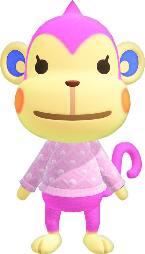 Nana is a normal monkey villager from the Animal Crossing series. She debuted in Animal Crossing: Wild World. Her name comes from "banana". It may also reference a character from Ice Climber, further evidenced by her catchphrase, "po po" - Popo being another character from the same game. Her Japanese name may be a reference to Monchhichi, a brand of dolls resembling monkeys. She appears on the Animal Crossing: City Folk official poster. Her Animal Crossing: Wild World picture quote is the same a Nana Animal Crossing, 90s Themed Room, Villagers Acnh, Acnh Villagers, Mermaid Lamp, Animal Crossing Wiki, Pink Island, Virgo Birthday, Pink Monkeys