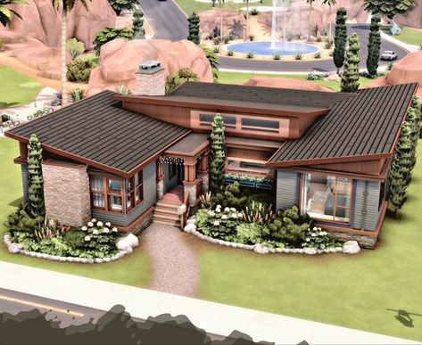 Sims 4 Modern Exterior, Sims 4 Houses Layout Oasis Springs, 1 Floor Sims 4 House, Sims Minimalist House, Sims Tiny House Layout, Sims Houses Modern, One Story House Sims 4, Sims 4 One Floor House, Sims 4 Midcentury House