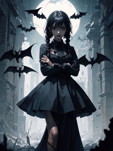 Goth Anime Woman, Art Wednesday Addams, Dark Skin Nail Polish, Braids Bangs, Bangs Long Hair, Art Wednesday, Crossed Arms, Lips Black, Vampire Pictures