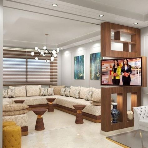 Tv Partition Wall Interior Design, Tv Stand Room Divider, Living Room Divider, Moroccan Living Room, Latest Living Room Designs, Smart Home Design, Living Room Partition, Living Room Partition Design, Living Room Design Decor