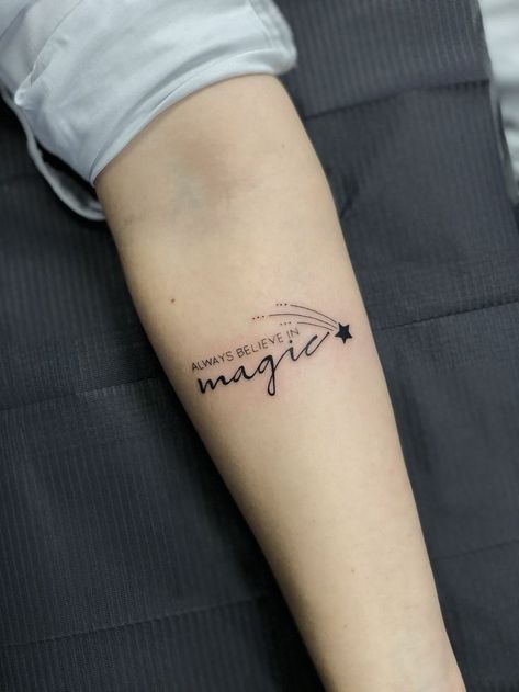 Made Of Magic Tattoo, Tattoo Sentences, Couple Wrist Tattoos, Tattoo Klein, Small Words Tattoo, Meaningful Tattoo Ideas, Forearm Tattoo Ideas, Luna Tattoo, Evil Eye Tattoo