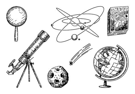 Astronomy Drawing Ideas, History Doodles, Astronomy Illustration, Astronomy Doodles, Astronomy Drawing, Nasa Drawing, Telescope Drawing, Astronomy Decor, Astronomy Lessons