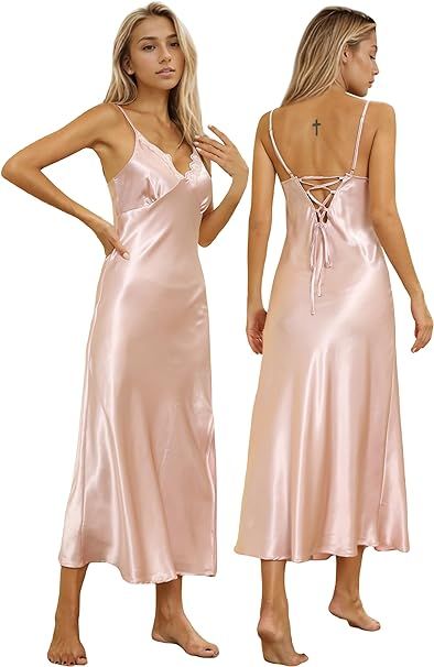 X-Pink-AA Women Nightwear Outfit, Alcea Rosea, Nightwear Outfits, Wedding Nightgown, Beautiful Nightgown, Bridal Nightwear, Satin Nightie, Satin Nightgown, Satin Fashion