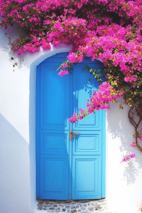 Iphone Wallpaper Greece, Pretty Iphone Wallpaper, Mamma Mia Wedding, Greece Party, Pink Bougainvillea, Greece Painting, 17th Birthday Ideas, Easy Landscape Paintings, Santorini Blue