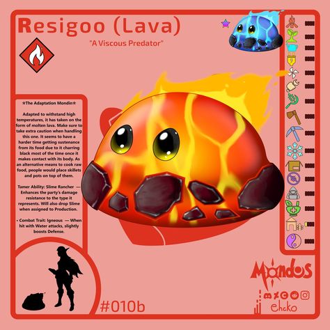 Number 010b: Resigoo the Adaptation Mondin. 🧬🌋 Now a mono Fire type that has lv. 1 Production work capabilities. #illustration #digitalart #art #mondus #design #characterdesign #mondinconcept #slime #goo #blob #lava Slime Rancher, Adaptation, Raw Food Recipes, Slime, Art, Design