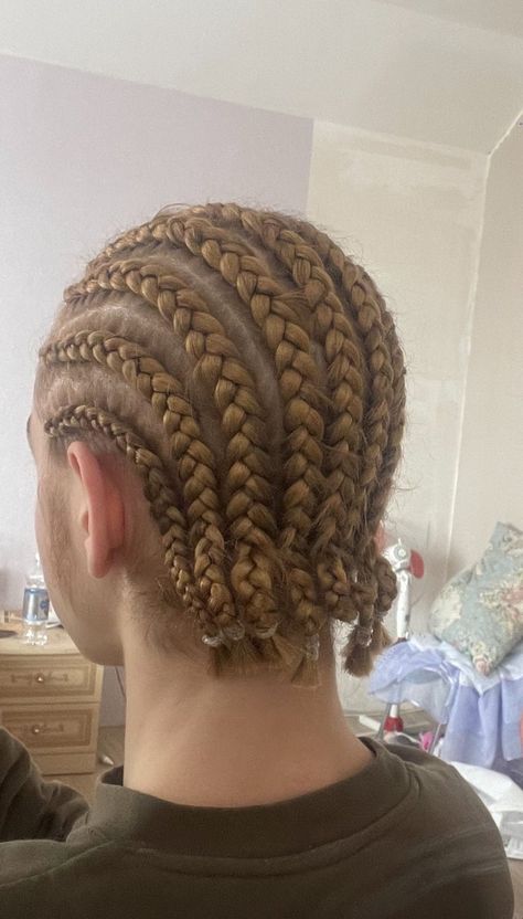 Mullet With Braids Men, White Guy Cornrows, White Boy Cornrows, White Boy With Braids, Bleached Cornrows, Braids On Short Hair Men, Dyed Cornrows Men, Blonde Braids Men, Dutch Braids Men