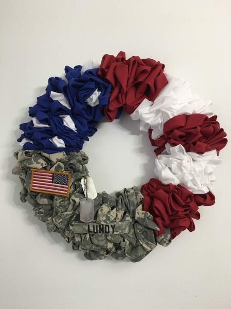 I have been wanting to make a military wreath for a while, I can’t remember where I saw one at but I thought it was so cool that I wanted to make my own. Since the Army upgraded to OCP unifor… Army Wreath, Military Crafts, Army Crafts, Military Wreath, American Flag Wreath, Flag Wreath, Flag Display, Patriotic Crafts, Display Cases