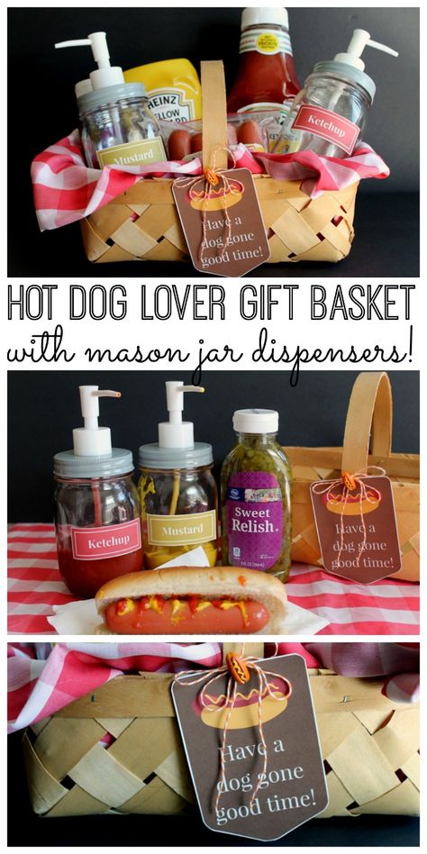 Hot dog lover gift basket idea - with mason jars! Perfect as a gift for those on your list! Dog Lover Gift Basket, Mason Jar Dispenser, Dog Gift Basket, Dog Themed Gifts, Diy Gift Baskets, Diy Father's Day Gifts, Diy Fairy, Themed Gifts, Fairy Garden Diy