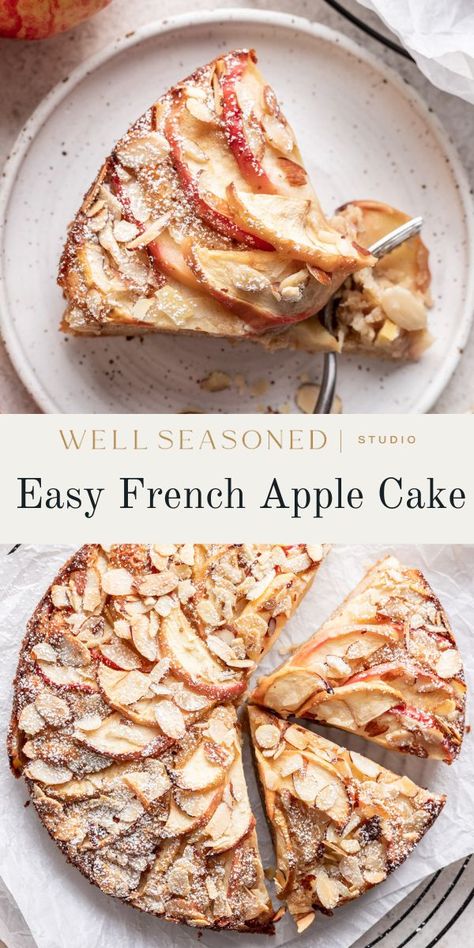 I never tire of ways to bake with apples during the fall, and this French Apple Almond Cake is my newest go-to. It's got a delicate, tender texture with crisp edges and sweet, tart apple flavor. Enjoy with powdered sugar, ice cream, whipped cream, or crème fraîche! #wellseasonedstudio #almondcake #applecake #frenchcake French Apple Cake With Almonds, Apple Cake Sallys Baking, Apple Almond Cake Recipe, Apple Almond Tart Recipe, French Apple Almond Cake, Fall Ice Cream Cake, French Almond Cake Recipe, Bake With Apples, French Almond Cake