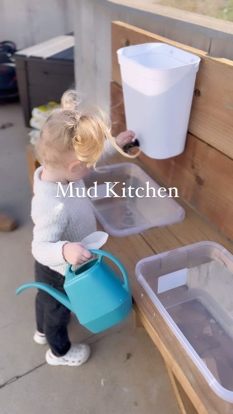 Addison Cluff | Remember how I showed in my stories last week a project we were working on? 🫢👏🏼 well…we made the kids a mud kitchen for outside & I love it… | Instagram Garden Toys For Kids, Mud Kitchen With Water Dispenser, Mud Kitchen For Kids Diy Easy, Mud Kitchen Water Dispenser, Pallet Mud Kitchen Diy, Outdoor Play Diy, Mud Kitchen For Kids Diy, Diy Kids Mud Kitchen, Mud Kitchen Area