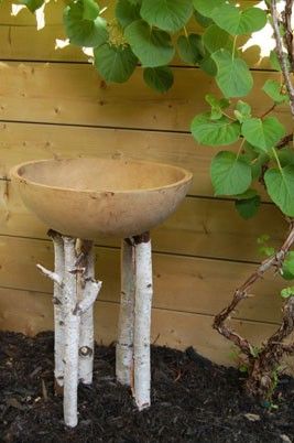 Birdbath especially for a cottage.  The use of birch sticks as legs and maybe a wooden salad bowl as the bath would make this cottage friendly. Diy Bird Bath, Tree Stumps, Deco Nature, Diy Birds, Have Inspiration, Christy Turlington, Tree Stump, Garden Crafts, Outdoor Projects