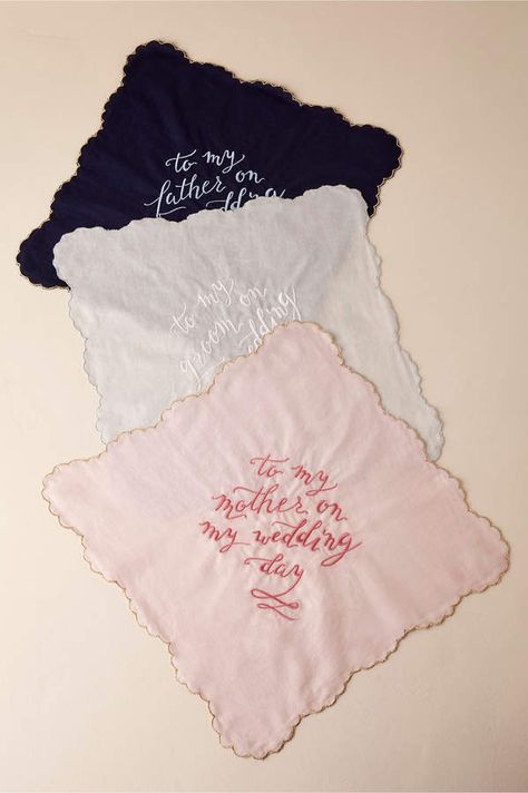 Wedding Day handcrafted embroidered Handkerchiefs Embroidery Wedding Gifts Ideas, Embroidered Handkerchief Wedding, Single Art, Bhldn Wedding, Embroidered Handkerchief, Anthropologie Wedding, Wedding Day Gifts, Wedding Handkerchief, Friday Favorites