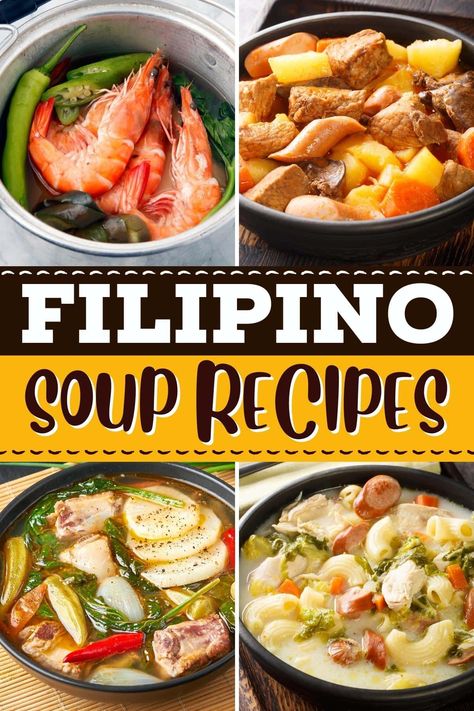 These classic Filipino soup recipes are full of flavor! From arroz caldo to sinigang to pork menudo, you'll want to sample them all. Filipino Sinigang Pork, Pork Menudo, Chicken Sotanghon Soup, Filipino Soup Recipes, Pilipino Food Recipe, Soup Base Recipe, Best Filipino Recipes, Filipino Soup, Sinigang Recipe