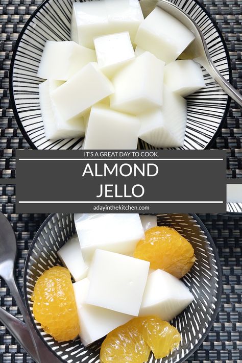 Chinese Almond Jello, 70s Jello Mold, Almond Jello Recipe, Almond Pudding Chinese, Asian Jello Desserts, Almond Jelly Dessert, Vanilla Jello Recipes, Jello Appetizers, Desserts With Gelatin