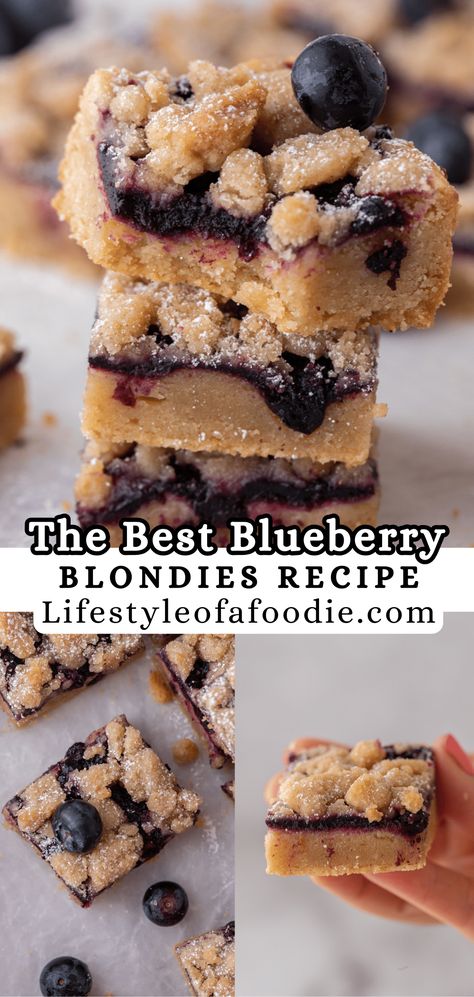 This blueberry blondies recipe is made with juicy blueberries and streusel topping that tastes like a blueberry muffin! Blueberry Blondies, Wild Blueberry Recipes, Snickerdoodle Bars Recipe, Easy Blueberry Crumble, Lemon Blueberry Bars, Snickerdoodle Bars, Blueberry Topping, Shortbread Bars, Blueberry Crumble