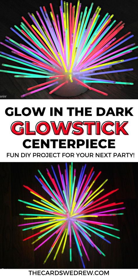 Glow In The Dark Candles, Glow Stick Trunk Or Treat, Glow Stick Chandelier, Glow Party Decorations Dollar Stores, Glow Stick Chandelier Diy, Glow Party Entrance, Neon Light Table Centerpiece, Neon Centerpieces Diy, Glow In The Dark Party Centerpieces