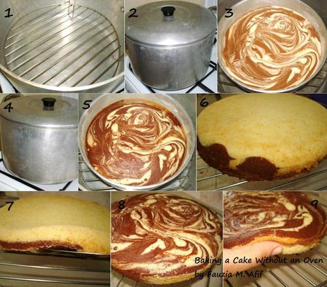 Here is the recipe: Marble Cake Here is the step by step description corresponding to the numbered pics. Picture 1:  Place a rack or stand in a big heavy EMPTY pot. Make sure the pot is dry and completely clean otherwise if it has any oil or water it will smoke. Picture 2:  Cover the [...]Read More... Sweet Dumplings, Tandoori Masala, Kitchen Fun, Marble Cake, Swiss Roll, Oven Cooking, Oven Recipes, Breakfast For Kids, Sponge Cake