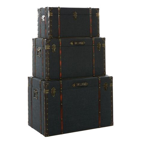 Trunk Set of 3 Globe Trotter Includes 32 28 & 24 Inch Wood Wood/Fabric Dark Leather Sofa, Heirloom Decor, Trunks For Sale, Decorative Trunks, Wood Trunk, Leather And Brass, Storage Trunks, Trunks And Chests, Storage Trunk