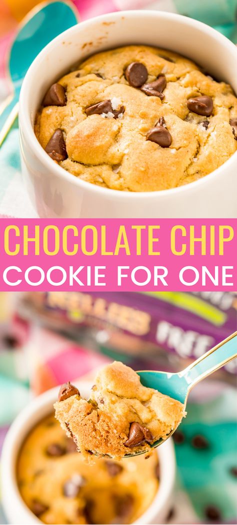 This Chocolate Chip Cookie for One is the perfect individual dessert when you're craving something sweet and don't want to make a huge batch of cookies! via @sugarandsoulco Easy Sweet Tooth Craving, Individual Desserts For One, Cookie For One Recipe, Chocolate Chip Cookie For One, Cloud Dessert, Mug Cookie Recipes, Cookie For One, Microwave Chocolate Chip Cookie, Pear And Almond Cake