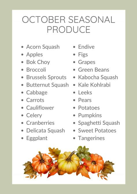 Here are all the fruits and vegetables in season in October. Butternut Squash Kale, Cauliflower Potatoes, Pumpkin Cranberry, Kabocha Squash, Delicata Squash, Acorn Squash, Cooking Guide, In Season Produce, Spaghetti Squash