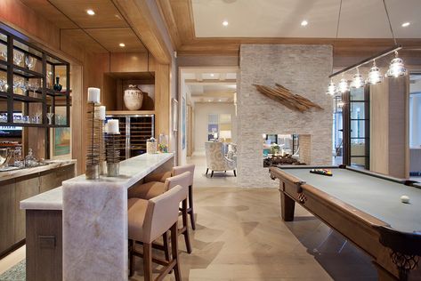 Room Waterfall, Onyx Kitchen, Cabin Airbnb, Ledger Stone, Kitchen Bar Counter, Billiards Room, Transitional Interior Design, Kitchen Island Bar, Home Bar Designs