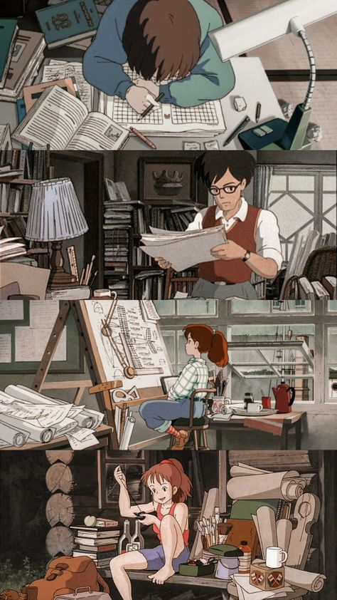 Studio Ghibli Workspace, Studio Ghibli Studying Wallpaper, Ghibli Study Wallpaper, Study Studio Ghibli, Porco Rosso Scenes, Ghibli Workspace, Si Tu Tends L’oreille, Ghibli Life Aesthetic, Studio Ghibli Studying