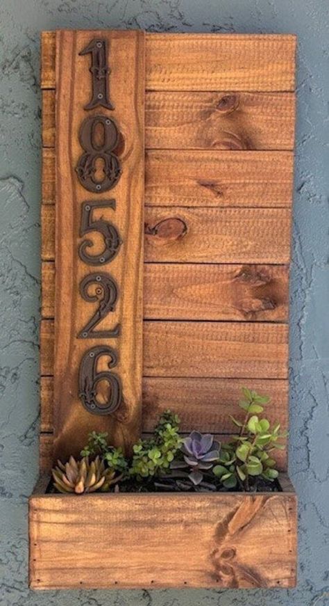 Hand built, here in the good ol' US of A! Custom, made to order, stained or raw wood address sign with planter(plants not included). Comes with similar black numbers. Smaller sizes are available. All questions or comments are welcome. We look forward to working with you! Diy Outdoor Address Sign Ideas, Rustic House Number Sign, Homemade Address Signs, Diy Wood Address Sign, Planter House Number, Home Address Signs, Wood Address Sign Outdoor, House Number Planter, Wood House Number Sign